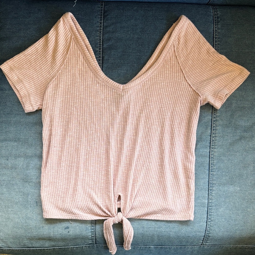 Abercrombie & Fitch Blush Ribbed Tie-Front Crop Top